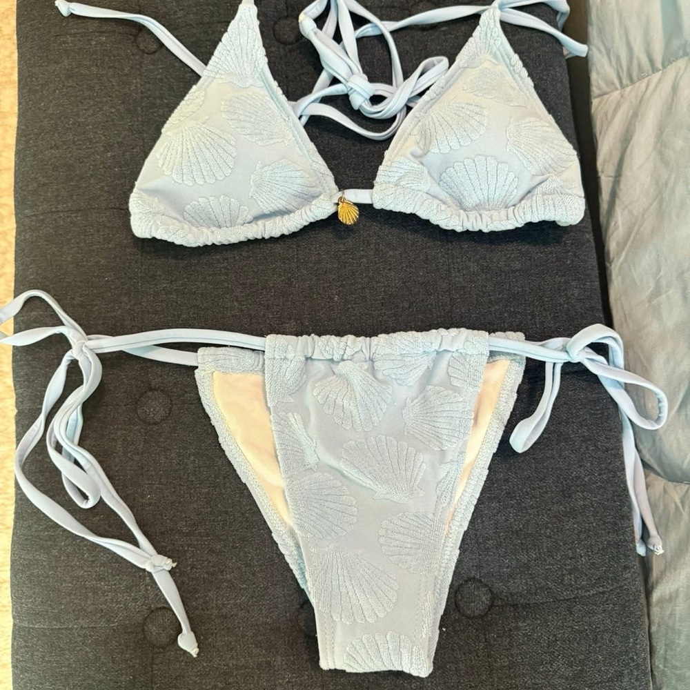 Light Blue Shell Embossed Tie-Side Bikini